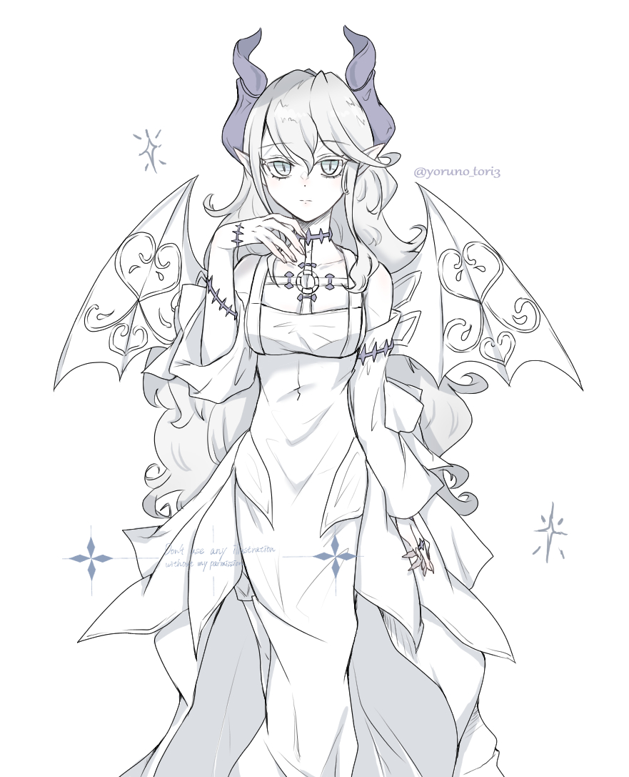 1girl, breasts, collarbone, demon_girl, demon_horns, demon_wings, detached_sleeves, dress
