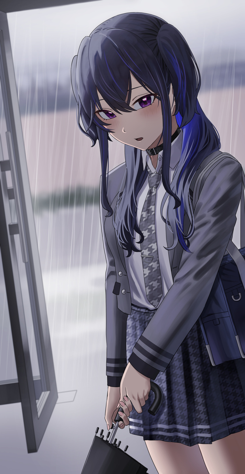 1girl, absurdres, belt_collar, black_choker, black_hair, blazer, blue_hair, choker