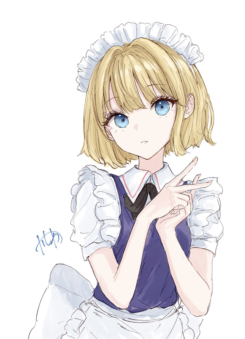 1girl, alice_margatroid, alternate_costume, apron, back_bow, black_bow, black_bowtie, blonde_hair, blue_eyes, blue_vest, bow, bowtie, collared_shirt, commentary, cowboy_shot, enmaided, eyelashes, frilled_apron, frills, highres, kashiwada_kiiho, looking_at_viewer, maid, maid_headdress, parted_lips, shirt, short_hair, short_sleeves, signature, simple_background, solo, touhou, vest, waist_apron, white_apron, white_background, white_shirt