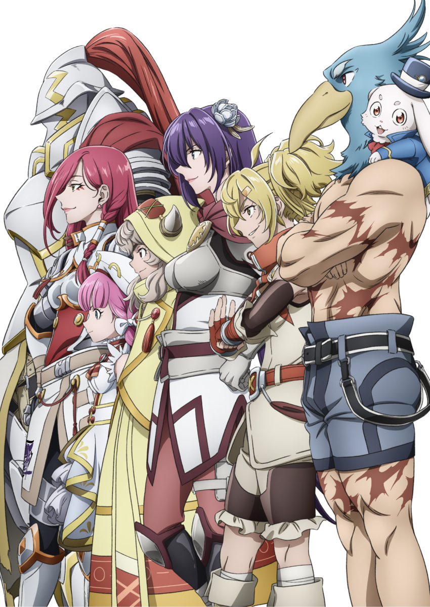 1boy, 6+girls, armor, arthur_pencilgon_(shangri-la_frontier), belt, blonde_hair, blue_pants, character_request