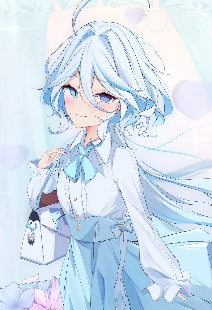 1boy, 1girl, absurdres, ahoge, alternate_costume, artist_name, bag, blue_background