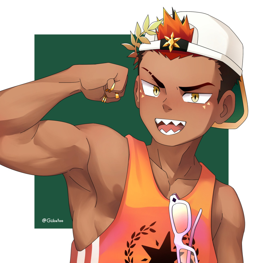 1boy, apollo_(housamo), artist_name, backwards_hat, dark-skinned_male, dark_skin, english_commentary, eyewear_hang, flexing, giikatoo, hat, highres, looking_at_viewer, male_focus, orange_shirt, orange_tank_top, pectorals, sharp_teeth, shirt, sleeveless, sleeveless_shirt, smile, tank_top, teeth, tokyo_afterschool_summoners, toned, toned_male, unworn_eyewear