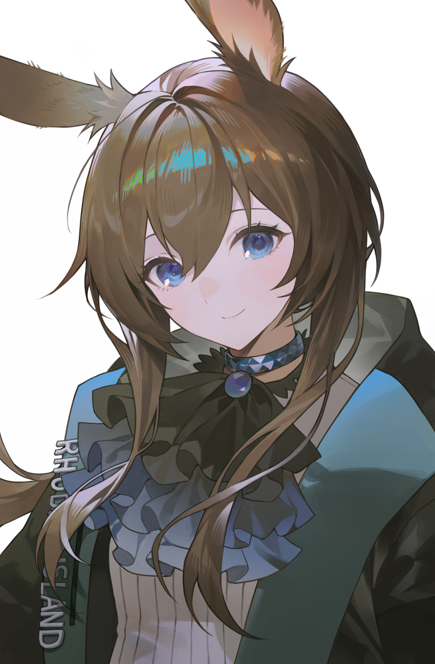 1girl, absurdres, amiya_(arknights), animal_ears, arknights, ascot, black_ascot, black_jacket, blue_ascot, blue_collar, blue_eyes, brown_hair, closed_mouth, collar, commentary_request, hair_between_eyes, highres, jacket, long_hair, looking_at_viewer, open_clothes, open_jacket, partial_commentary, ribbed_sweater, simple_background, smile, solo, somok, sweater, upper_body, white_background, white_sweater
