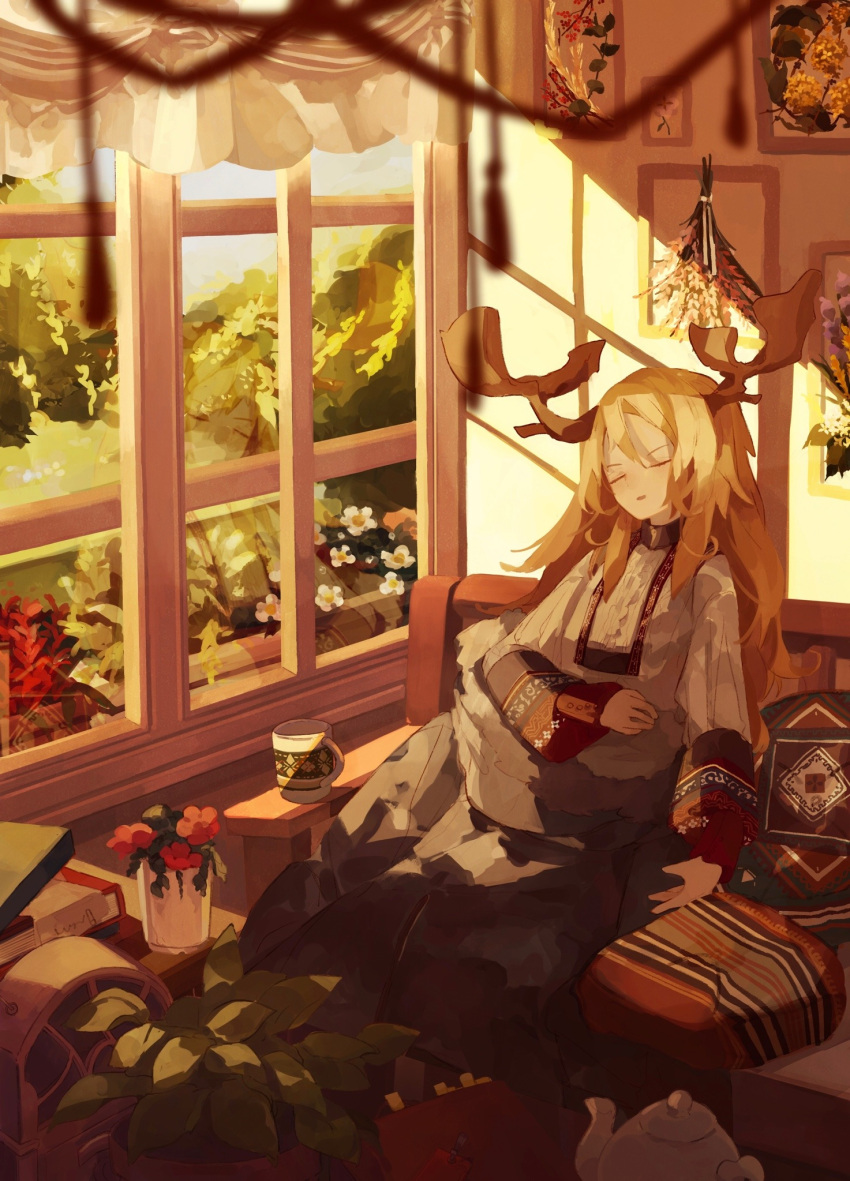 1girl, antlers, blonde_hair, blurry, blurry_foreground, closed_eyes, coat, couch, cup, cushion, day, flower, framed_plant, fur-trimmed_coat, fur_trim, highres, horns, indoors, kurasaka, long_hair, mug, original, parted_lips, plant, potted_plant, radio, red_flower, sleeping, solo, tassel, teapot, unworn_coat, window, window_shadow