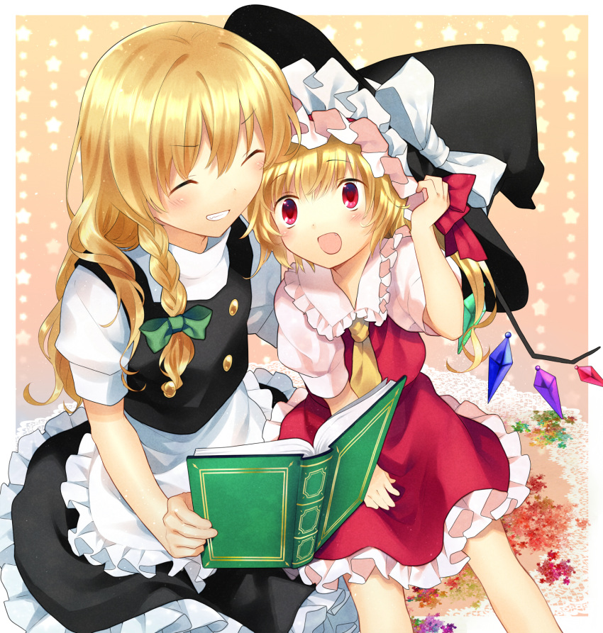 ascot, bad_id, blonde_hair, braid, closed_eyes, fang, flandre_scarlet, hanabana_(notenotenote), hanabana_tsubomi, hand_on_hat, hat, hat_removed, headwear_removed, headwear_switch, heart, heart-shaped_pupils, highres, kirisame_marisa, long_hair, multiple_girls, red_eyes, short_hair, symbol-shaped_pupils, touhou, wings, witch, witch_hat