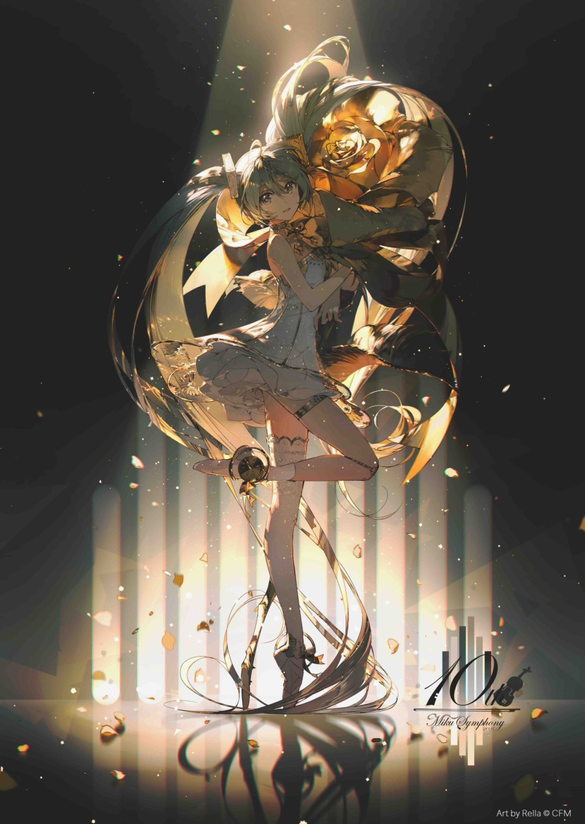 1girl, anniversary, asymmetrical_legwear, boots, commentary_request, copyright_name, copyright_notice, dress, en_pointe, falling_petals, flower, frilled_dress, frills, full_body, gold_flower, gramophone_miku, guest_art, hatsune_miku, highres, instrument, leg_up, long_hair, looking_at_viewer, miku_symphony_(vocaloid), official_art, open_mouth, petals, rella, rose, second-party_source, shadow, smile, solo, spotlight, standing, strapless, strapless_dress, thigh-highs, thigh_boots, thigh_strap, twintails, very_long_hair, violin, vocaloid, white_dress, white_thighhighs
