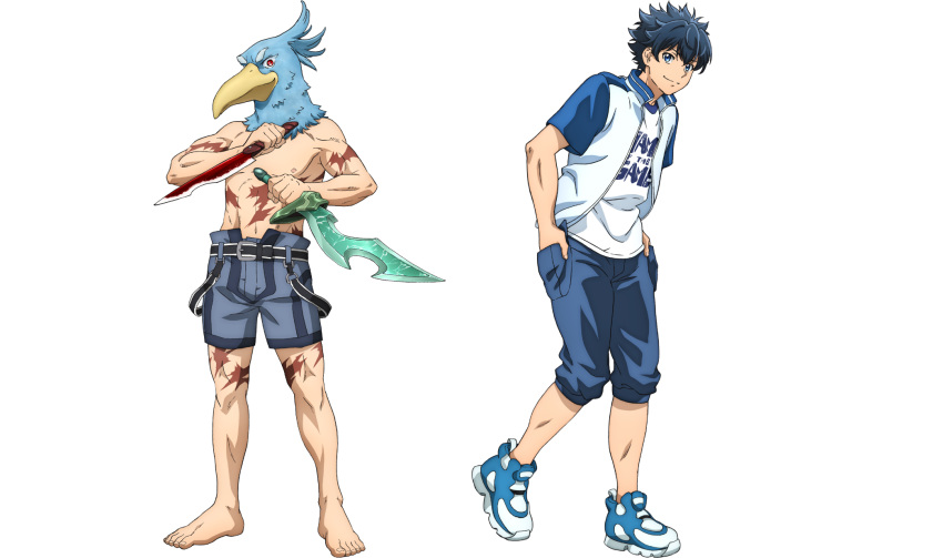 1boy, anime_coloring, blue_eyes, blue_hair, blue_pants, blue_shoes, dual_wielding, hands_in_pockets