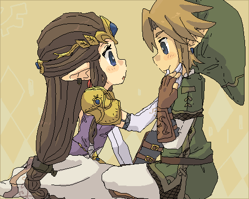 blue_eyes, brown_hair, earrings, gloves, hat, jewelry, link, long_hair, lowres, nintendo, oekaki, pointy_ears, princess_zelda, smile, the_legend_of_zelda, tsutsuji, twilight_princess