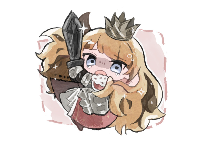 1girl, armor, armored_dress, blonde_hair, blue_eyes, cape, chibi, crown