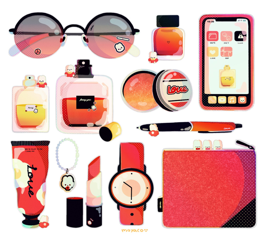 artist_name, bottle, cellphone, cellphone_charm, charm_(object), commentary, cosmetics, creature