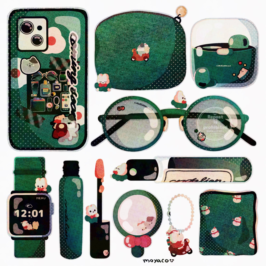 airpods, artist_name, bottle, cellphone, cellphone_charm, charm_(object), christmas, commentary, cosmetics, creature, earbuds_charging_case, earphones, earphones, green_theme, hand_mirror, highres, lipgloss_tube, mirror, motor_vehicle, moyaco, no_humans, original, ornate_phone_case, phone, pouch, santa_claus, scooter, signature, simple_background, smartphone, solid_circle_eyes, solid_eyes, sunglasses, watch, watch, white_background, wireless_earphones
