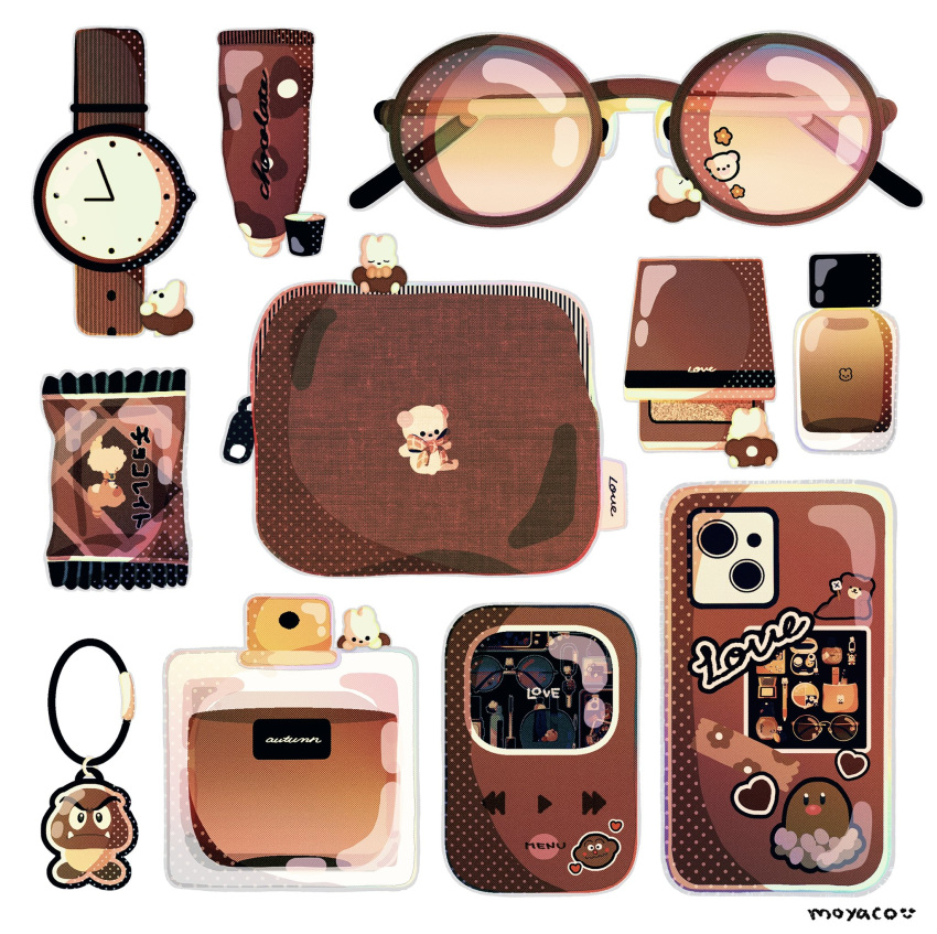 artist_name, bottle, brown_theme, cellphone, cellphone_charm, charm_(object), commentary, compact_(cosmetics)
