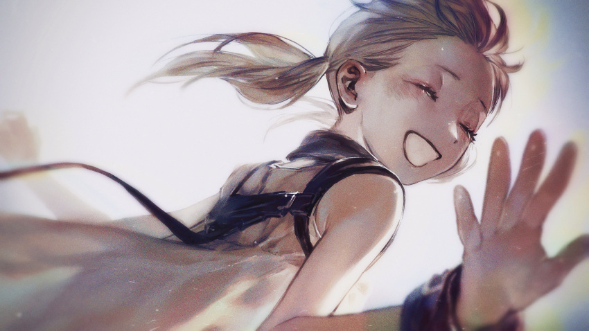 1girl, absurdres, bare_shoulders, closed_eyes, dress, fio_(nier), grey_hair, highres