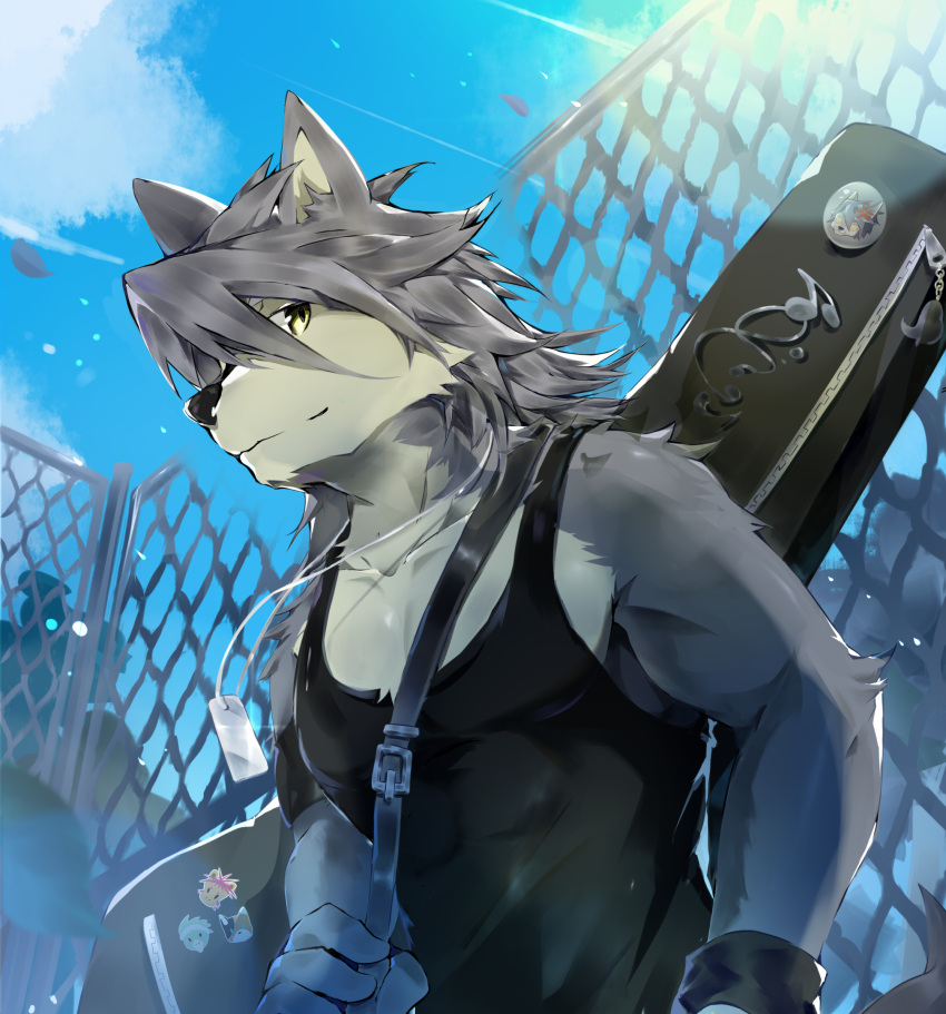 1boy, animal_ears, black_tank_top, blue_sky, chain-link_fence, clouds, cloudy_sky, collarbone, commentary_request, dog_boy, dog_ears, dog_nose, dog_tags, dog_tail, fence, furry, furry_male, grey_fur, grey_hair, guitar_case, highres, instrument_case, instrument_case_on_back, jewelry, jun_nekonishi, keisuke_hirama, kouya_aotsuki, looking_at_viewer, male_focus, meooem, morenatsu, muscular, muscular_male, necklace, sky, smile, tail, tank_top, yellow_eyes, yuuki_torii