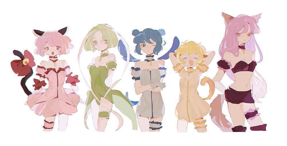 5girls, ^_^, aizawa_mint, arms_behind_head, blonde_hair, blue_hair, cat_tail, closed_eyes