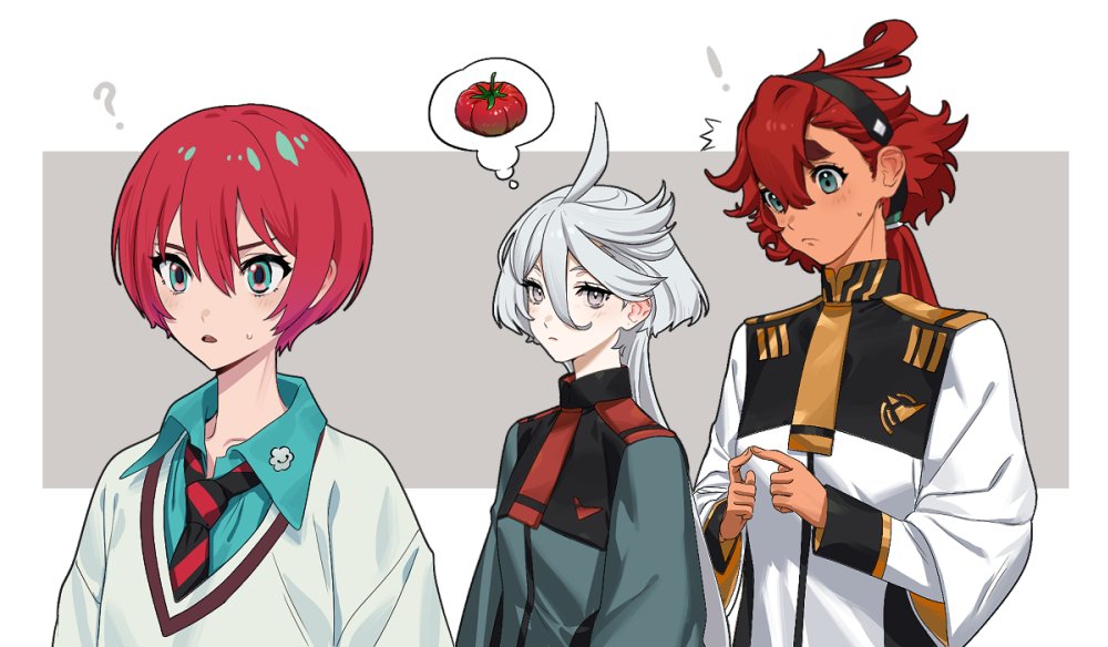 !, 3girls, ?, ahoge, amate_yuzuriha, asticassia_school_uniform, baesong, blazer, border, commentary_request, green_eyes, grey_background, grey_eyes, gundam, gundam_gquuuuuux, gundam_suisei_no_majo, hairband, in-franchise_crossover, jacket, korean_commentary, long_hair, long_sleeves, miorine_rembran, multiple_girls, necktie, notice_lines, ponytail, red_hair, school_uniform, short_hair, simple_background, speech_bubble, spoken_food, suletta_mercury, thought_bubble, tomato, twiddling_fingers, white_border, white_hair