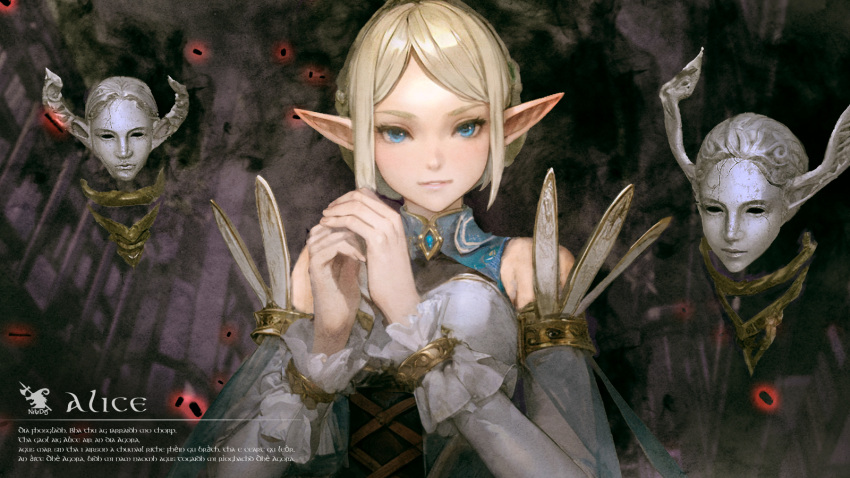 1girl, alice_(wizardry), blonde_hair, blue_corset, blue_eyes, blue_gemstone, braid, character_name