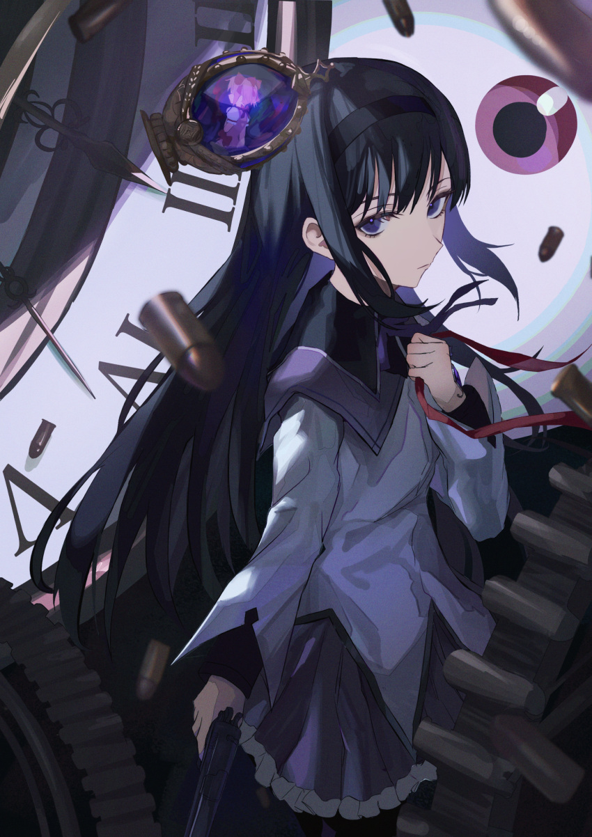 2girls, akemi_homura, aster_(teslavision), black_hair, black_hairband, closed_eyes, collar, dress