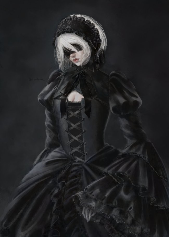 2b_(nier:automata), alternate_costume, black_background, black_dress, cleavage_cutout, clothing_cutout, dress, english_commentary
