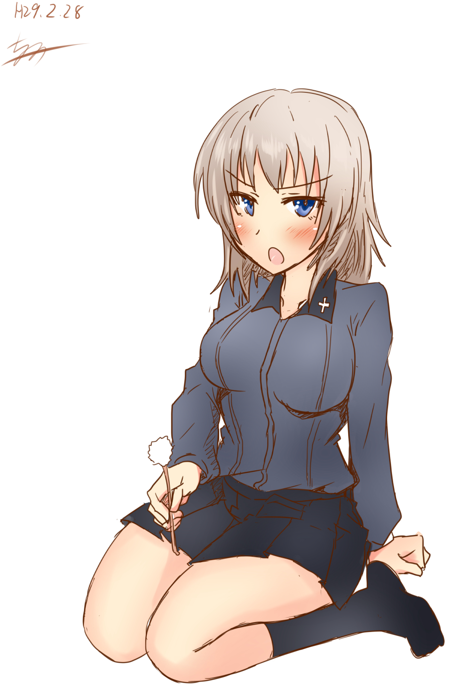 1girl, angry, black_skirt, black_socks, blue_eyes, chikakei_(tsuki_no_chika_keikoku), collarbone, collared_shirt