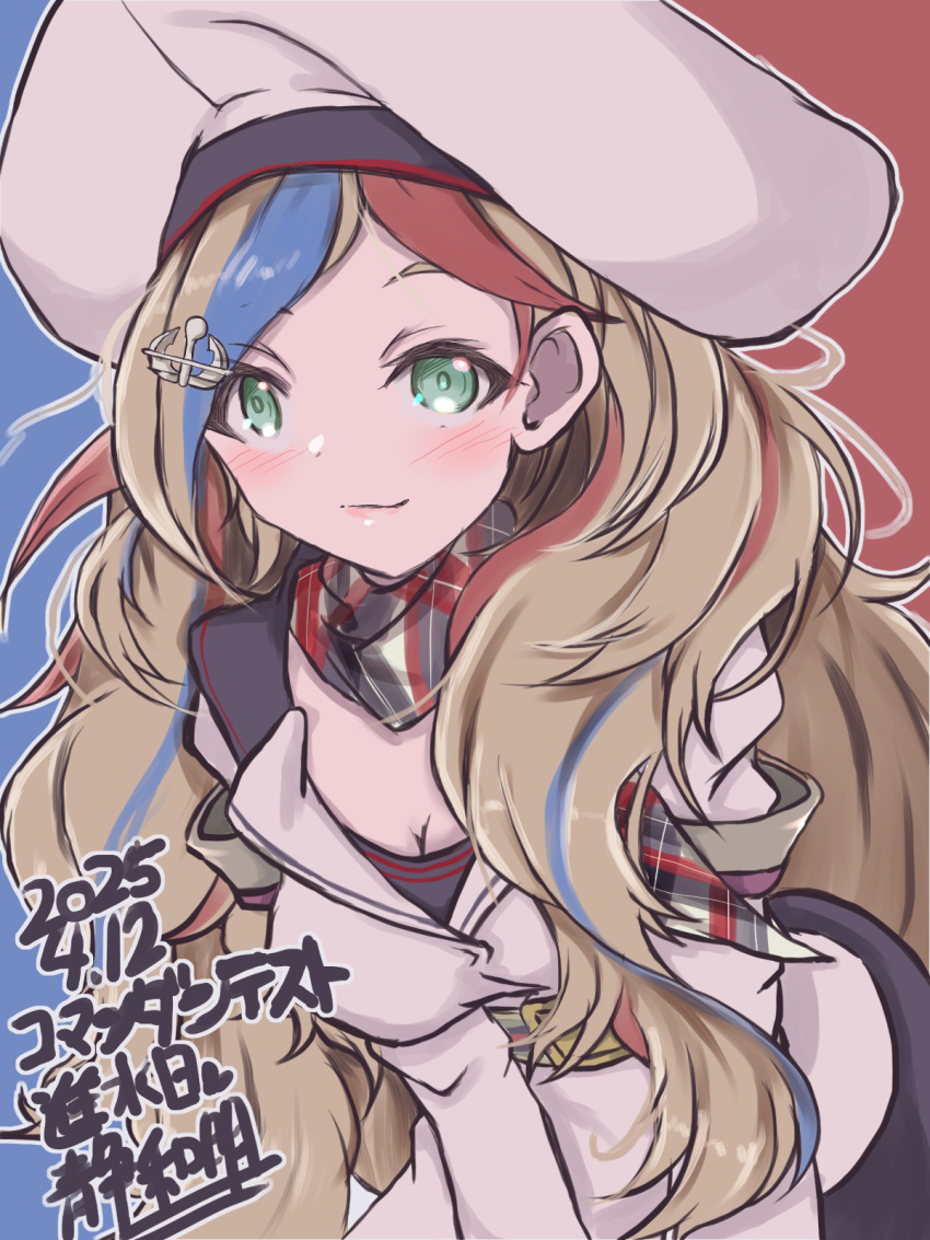 1girl, :3, anchor_hair_ornament, beret, blonde_hair, blue_hair, buttons, commandant_teste_(kancolle)