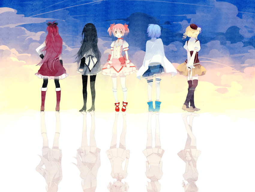 4girls, akemi_homura, beret, black_hair, blonde_hair, blue_hair, boots, cloud