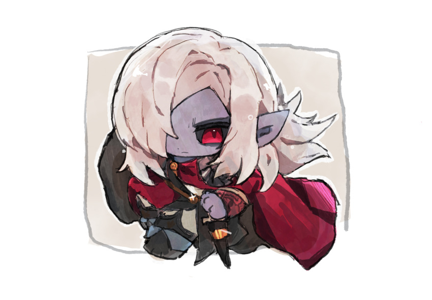 1boy, arboris_(wizardry), cape, chibi, chibi_only, dagger, dark-skinned_male, dark_elf