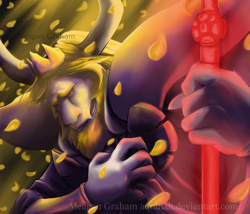 1boy, 2016, 2d, absurdres, anthro, armor, asgore_dreemurr, beard, blonde_hair, cape, clutching_chest, crown, digital_media, facial_hair, floppy_ears, furry, furry_male, goat, goat_boy, goat_ears, goat_horns, half-closed_eyes, hand_on_own_chest, highres, holding, holding_polearm, holding_trident, holding_weapon, horns, leaning_forward, mables-fables, male, male_focus, mammal, monster, monster_boy, open_mouth, polearm, purple_cape, solo, trident, undertale, utdr_(toby_fox), weapon, white_fur, white_horns