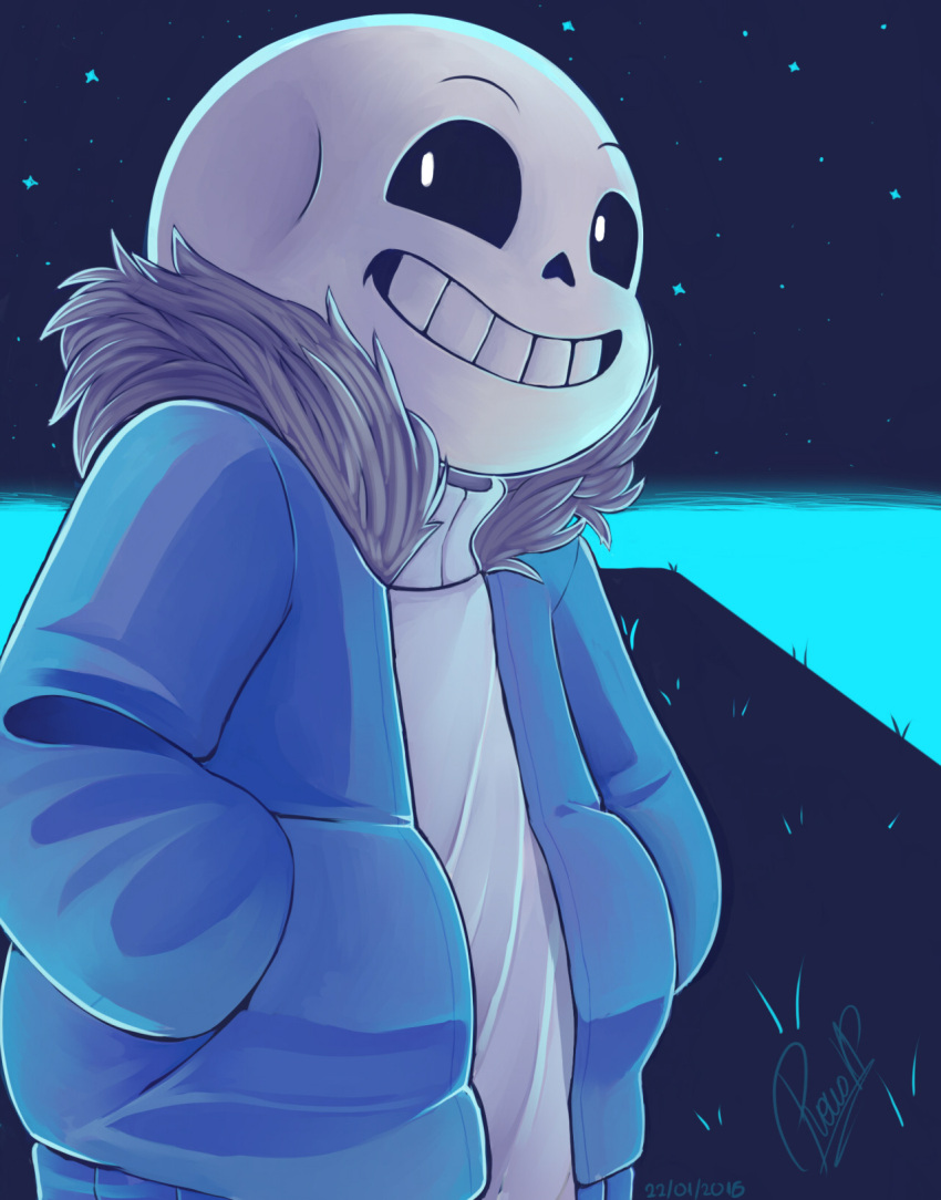 1boy, 2016, 2d, artist_name, blue_jacket, commentary, dated, digital_media, fur-trimmed_jacket, fur_trim, highres, humanoid, in-universe_location, jacket, male, male_only, monster, monster_boy, neykstar, open_jacket, outdoors, sans_(undertale), signature, skeleton, solo, spanish_commentary, sweater, teeth, undead, undertale, water, white_sweater