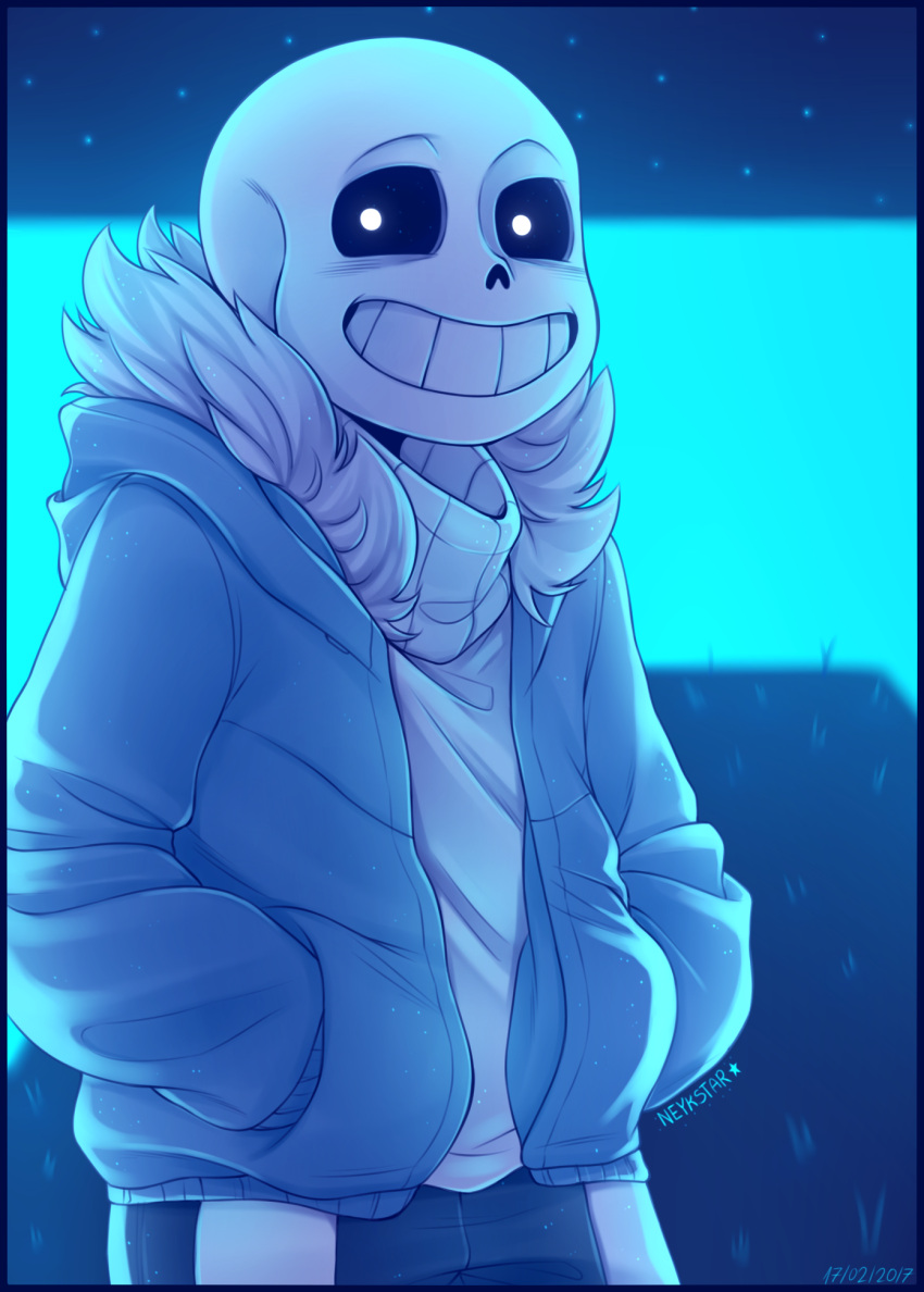 1boy, 2017, 2d, artist_name, black_border, black_shorts, blue_jacket, border, commentary, dated, digital_media, fur-trimmed_jacket, fur_trim, highres, humanoid, in-universe_location, jacket, male, male_only, monster, monster_boy, neykstar, open_jacket, outdoors, redrawn, sans_(undertale), shorts, skeleton, solo, spanish_commentary, striped_shorts, sweater, teeth, undead, undertale, water, white_stripes, white_sweater