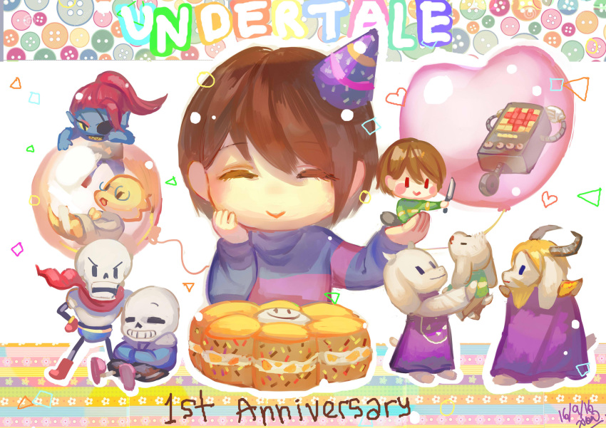 1other, 2016, 2d, 3boys, 3girls, alphys, ambiguous_gender, anniversary, anthro, armor, asgore_dreemurr, balloon, beard, black_eyepatch, black_shorts, blonde_hair, blue_jacket, blue_shirt, blue_shorts, blue_skin, brothers, brown_hair, cape, character_food, chibi, child, christon-clivef, colored_sclera, commentary, copyright_name, dated, digital_media, ear_fins, english_commentary, everyone, eyepatch, facial_hair, female, fins, fish, fish_girl, floppy_ears, food, frisk_(undertale), furry, furry_female, furry_male, gloves, goat, goat_boy, goat_ears, goat_girl, goat_horns, happy_anniversary, hat, head_fins, heart, heart-shaped_balloon, high_ponytail, highres, hood, hood_down, hooded_jacket, horns, human, humanoid, jacket, lizard, lizard_girl, long_hair, male, mammal, monster, monster_boy, monster_girl, multiple_boys, multiple_girls, open_jacket, papyrus_(undertale), party_hat, pink_stripes, ponytail, red_cape, red_gloves, red_hair, reptile, reptile_girl, sans_(undertale), scalie, sharp_teeth, shirt, short_hair, shorts, siblings, signature, skeleton, slit_pupils, striped_shirt, striped_shorts, teeth, toriel, undead, undertale, undyne, white_armor, white_fur, white_horns, white_shirt, white_stripes, yellow_sclera, yellow_teeth