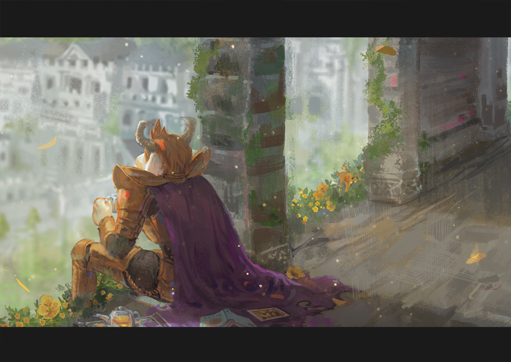1boy, 2019, 2d, anthro, armor, asgore_dreemurr, black_border, blonde_hair