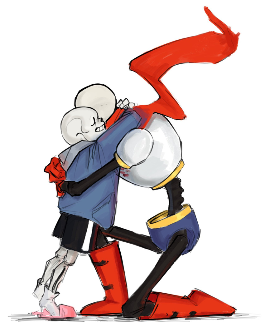 2021, 2boys, 2d, armor, black_shorts, blue_jacket, blue_shorts, boots, brothers, closed_eyes, digital_media, duo, floating_scarf, from_side, full_body, gloves, height_difference, highres, hood, hood_down, hooded_jacket, hug, humanoid, jacket, katieekarix, kneeling, male, male_focus, male_only, monster, monster_boy, multiple_boys, on_one_knee, papyrus_(undertale), pink_slippers, profile, red_boots, red_gloves, red_scarf, sans_(undertale), scarf, shorts, siblings, simple_background, skeleton, slippers, striped_shorts, teeth, tiptoes, undead, undertale, utdr_(toby_fox), white_armor, white_background, white_stripes