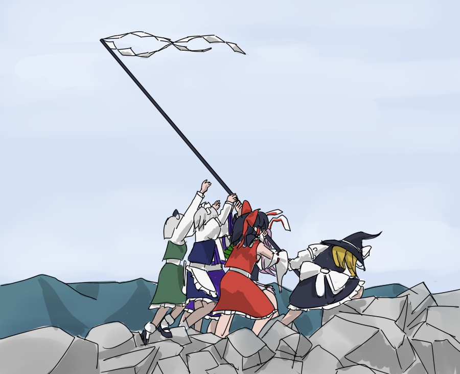 5girls, animal_ears, apron, black_dress, black_hair, black_hat, blue_skirt, bow