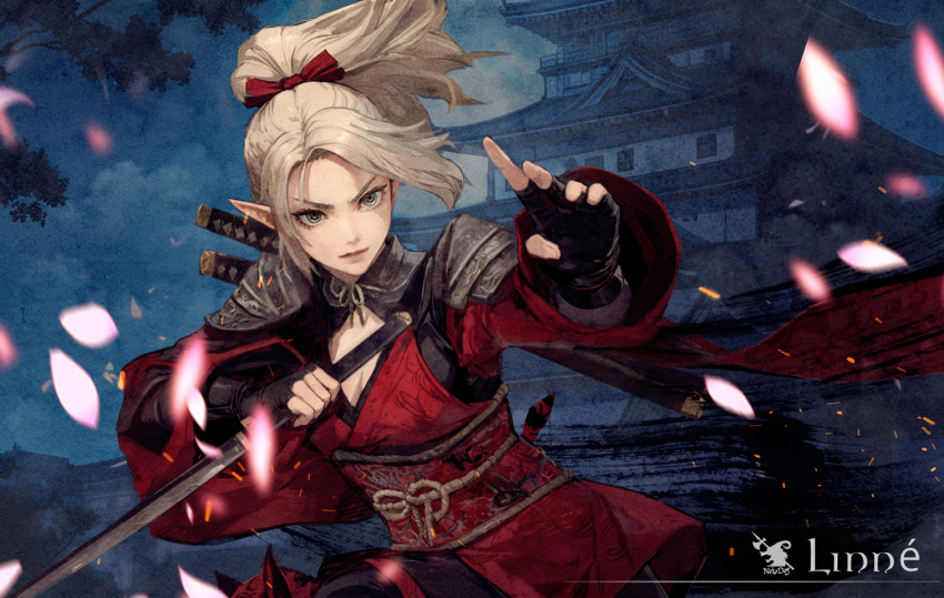 1girl, armor, black_gloves, blonde_hair, building, character_name, cherry_blossoms, elf