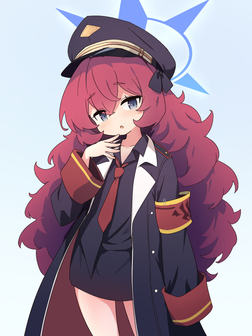 1girl, :o, absurdres, armband, black_coat, black_hat, black_ribbon, black_shirt