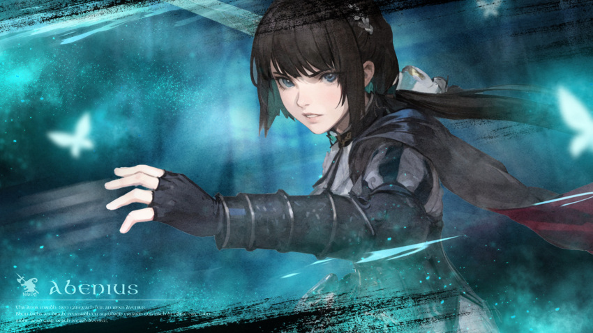 1girl, abedius_(wizardry), black_cape, black_gloves, black_hair, blue_eyes, blue_hair, bug, butterfly, cape, character_name, english_text, fingerless_gloves, gloves, hair_ornament, highres, holding, holding_sword, holding_weapon, kjk_kat12349, latin_text, multicolored_hair, parted_bangs, ponytail, puffy_sleeves, red_cape, solo, sword, two-tone_cape, two-tone_hair, weapon, wizardry, wizardry_variants_daphne