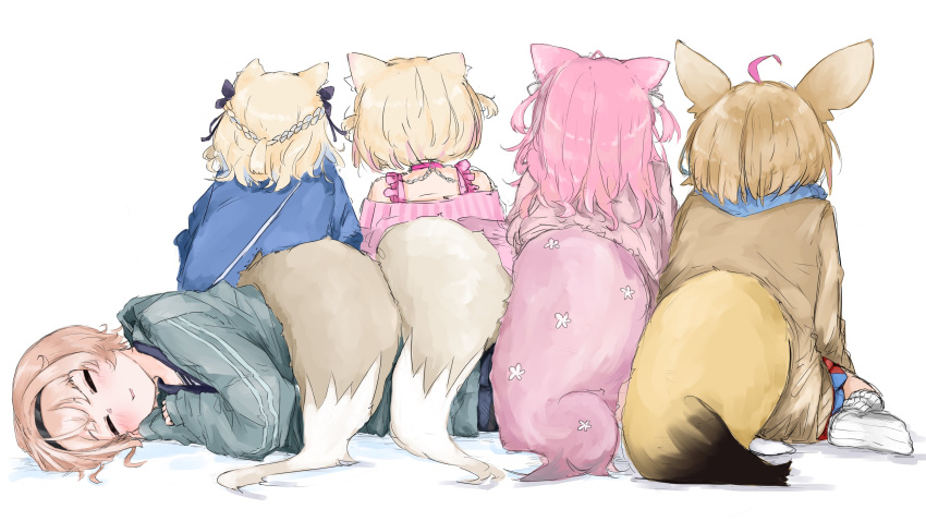 5girls, absurdres, ahoge, animal_ears, antenna_hair, blonde_hair, blue_cardigan, brown_jacket
