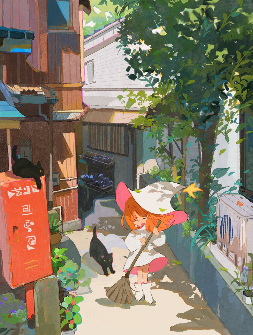 1girl, black_cat, boots, broom, cat, closed_eyes, condenser_unit, day