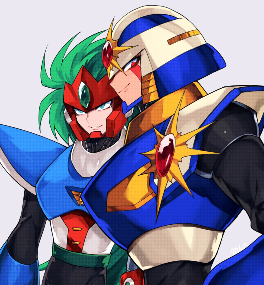 2boys, armor, blue_armor, blue_helmet, forehead_jewel, green_hair, grey_background, helmet