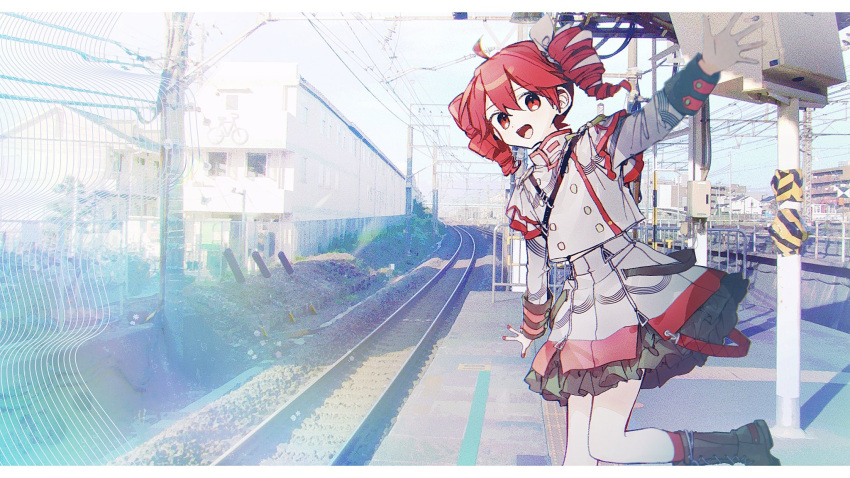 1girl, ahoge, black_boots, boots, buttons, day, double-breasted, drill_hair