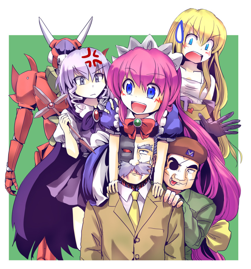 :p, anger_vein, angry, blonde_hair, blue_hair, cross, crossover, culter