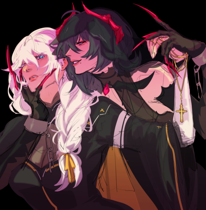 2girls, absurdres, amber_(honkai_impact), black_dress, blue_eyes, braid, cellysticks, claw_ring