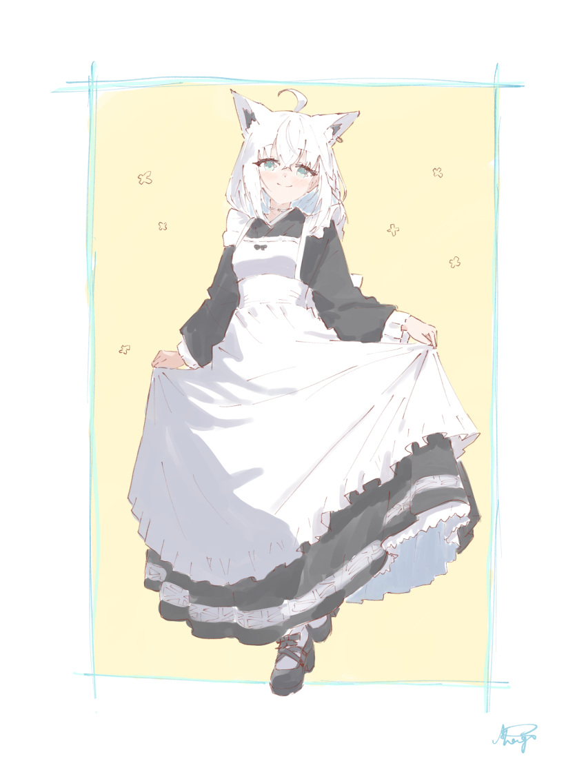 1girl, ahoge, alternate_costume, animal_ear_fluff, animal_ears, apron, black_dress, black_shoes