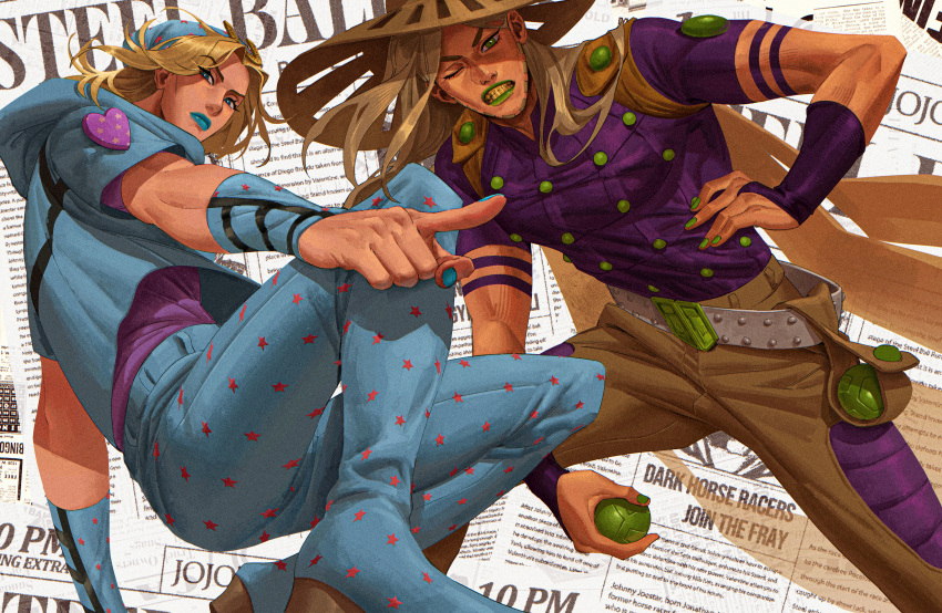 2boys, absurdres, ball, beard, belt, blonde_hair, blue_eyes, blue_hat