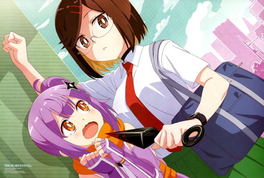 2girls, absurdres, arm_up, armor, artist_request, bag, blood, blood_on_weapon