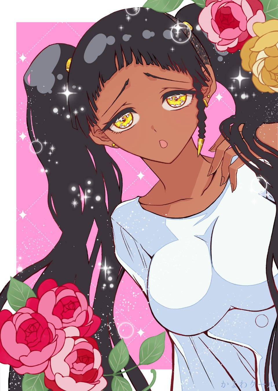 1girl, :o, black_hair, breasts, collarbone, dark-skinned_female, dark_skin, desscaras
