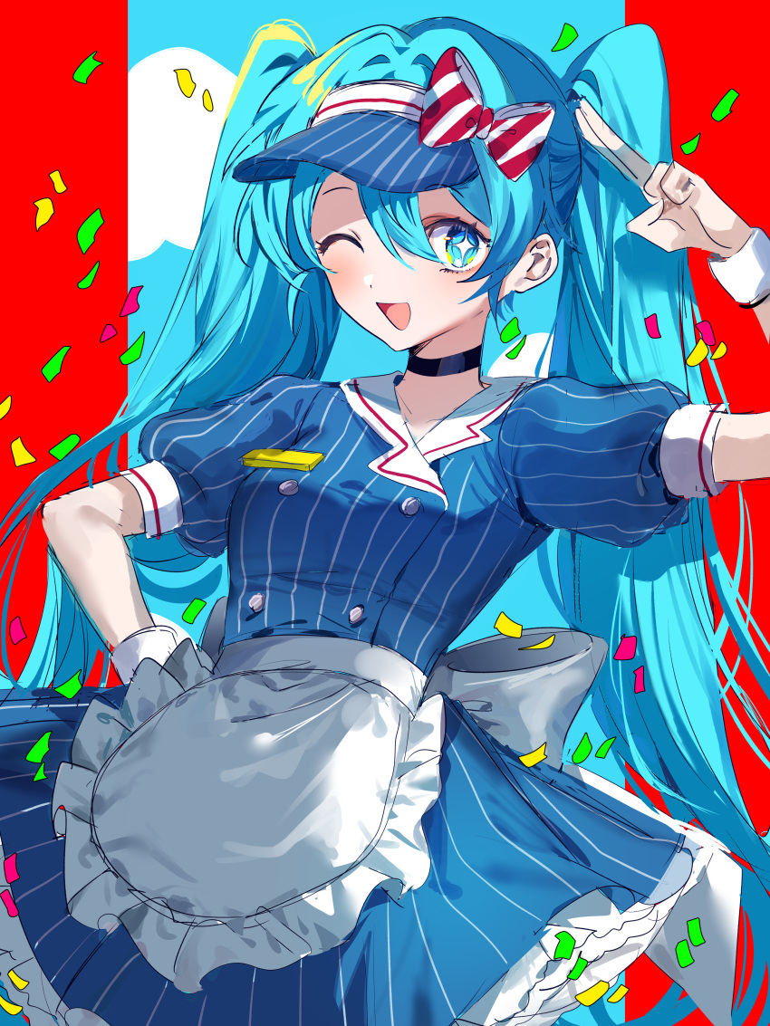 1girl, absurdres, apron, back_bow, black_choker, blue_dress, blue_hair, blue_sky
