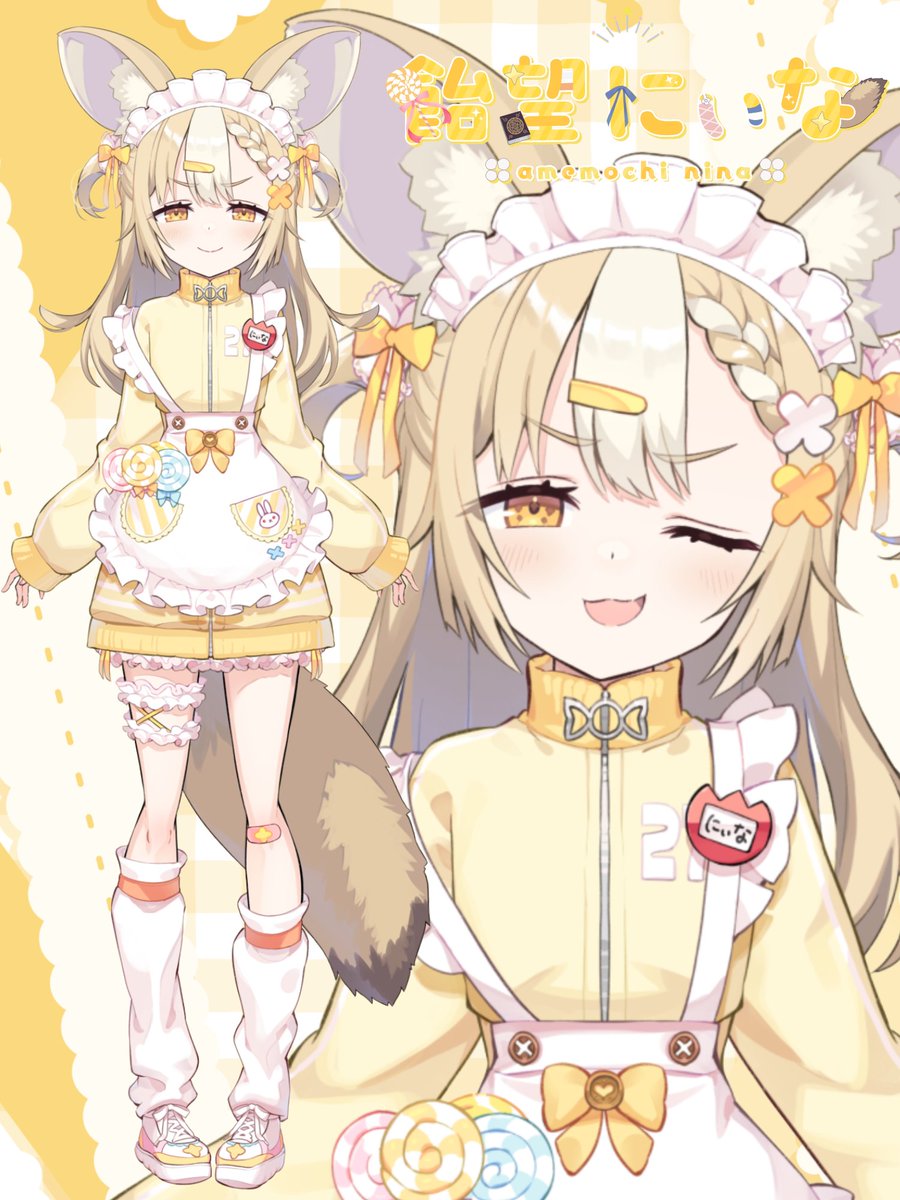 1girl, ;d, amemochi_nina, amemochi_nina_(2nd_costume), animal_ear_fluff, animal_ears, apron, blonde_hair