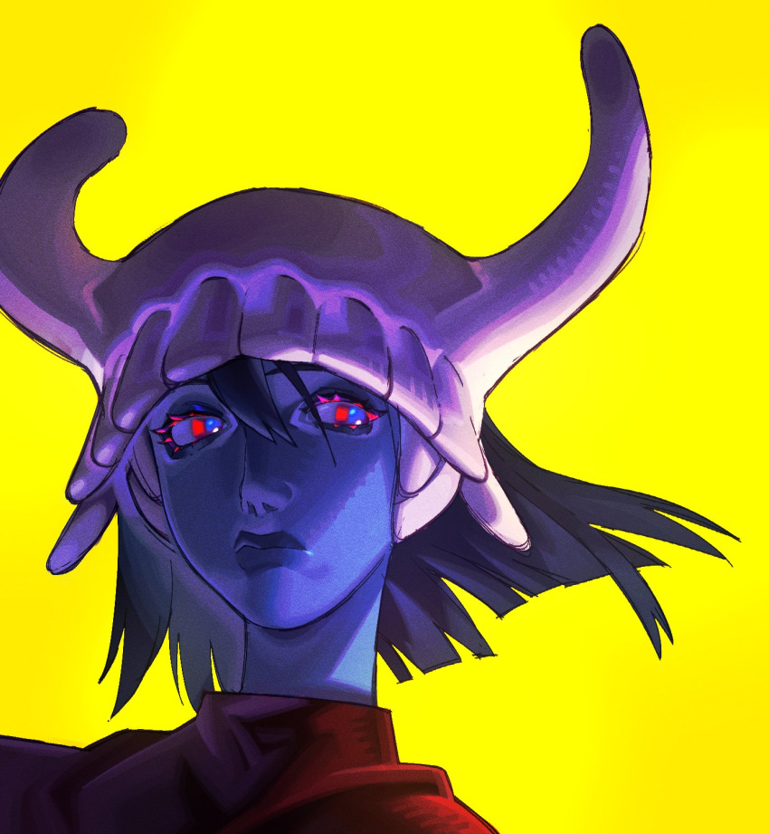 1girl, awk_(awkawkl), blue_skin, colored_skin, expressionless, highres, hylics, looking_at_viewer, medium_hair, portrait, simple_background, somsnosa
